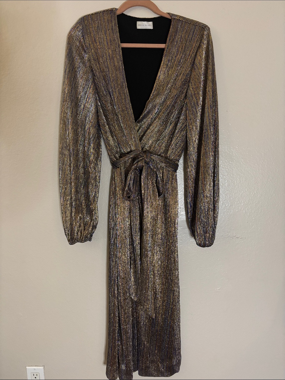 Rebecca Vallance Metallic Gold Wrap Midi Dress with Tie Waist